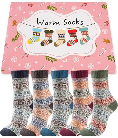 Stoeury 5 Pairs Womens Thermal Winter Wool Socks Breathable Cozy Thick Warm Knit Ladies Colourful Bed Socks, Holidays Birthday Christmas Gift for Women Ladies Wife Mum Friends