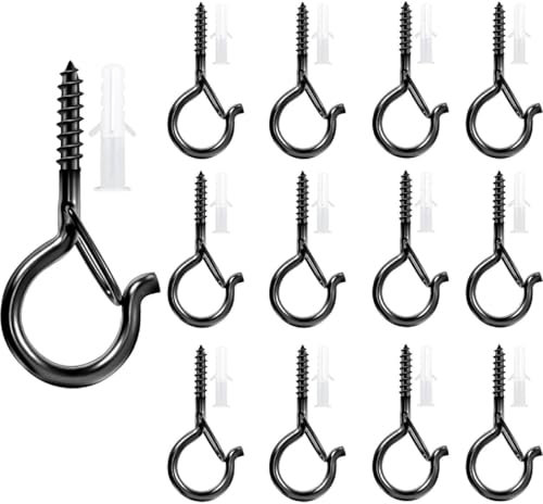 Trifletopia 12PCS Screws in Hooks for Wood - 2.2 Inch Plastic Coated Metal Wall Hooks for Ceiling, Under Cabinet, Shelves - Ideal for Hanging Plants, Lights, Kitchen Tools & Bird Feeders (Black)