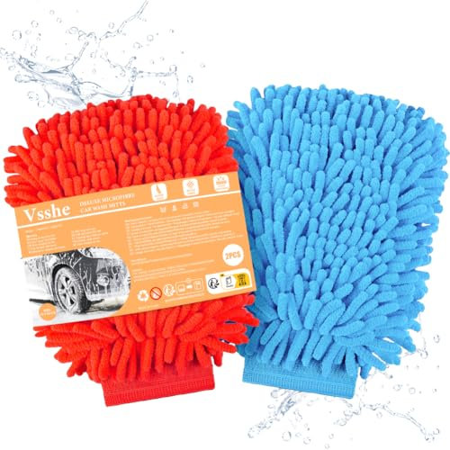 vsshe Guanti in microfibra per lavaggio auto, 2 Pezzi guanti da bagno per auto, Guantis in ciniglia per Autos, 100% Senza Graffi,Assorbente e Morbido, Guantos Double Face per Autos