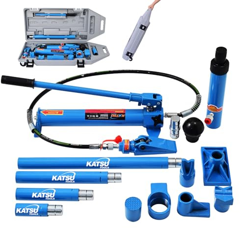 KATSU Tools Hydraulic Porta Power Jack 10 Ton Auto Car Van Body Dent Frame Repair Toolkit Oil Hose Hydraulic Car Jack in Wheeled Plastic Box, for Automotive Repairing, Garage