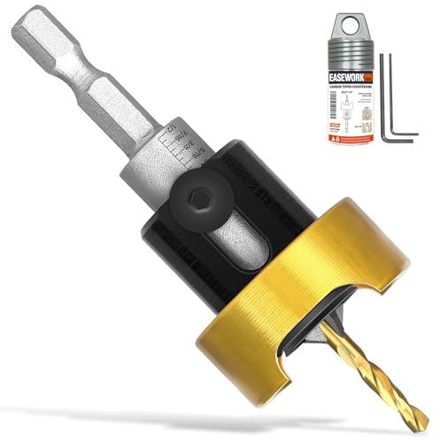 EASEWORK TOOL Carbide Tipped Countersink Drill Bit, 3/8 Countersink Dia x 1/8 Drill Dia x 1/4 Shank, Adjustable Depth Stop with Ball Bearing for Flawless Finish on Wood, Plastic, Aluminum