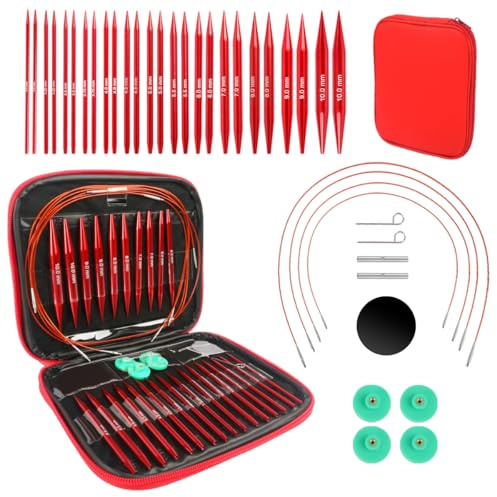 Marsred 13 Paar Stricknadeln Set mit 40-100cm Kabelt, 3.0-10.0mm Austauschbar Rundstricknadeln Set, Metall Strickset mit Aufbewahrungstasche für Anfänger, Stricken,Geschenk (Rund)