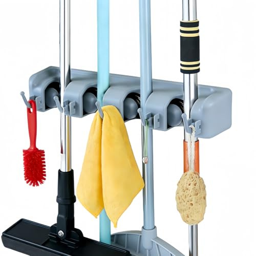 Broom Mop Holder, Broom Organizer Wall Mount, Heavy Duty Wall Mounted Mop Clip Hangers Broom Storage Tidy Organizer with 4 Slots 5 Retractable Hooks for Closet Kitchen Garden Garage Bathroom Grey