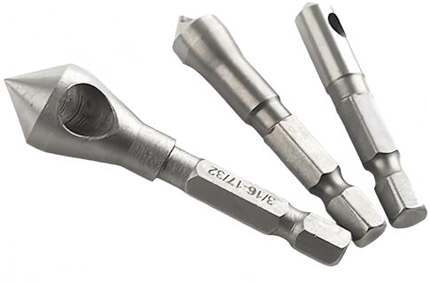 Taoxekoro 3PC Hex Shank Imperial Countersink Set - Internal Chip Evacuation Chamfer Tool for Deburring & Woodworking Hole Drilling