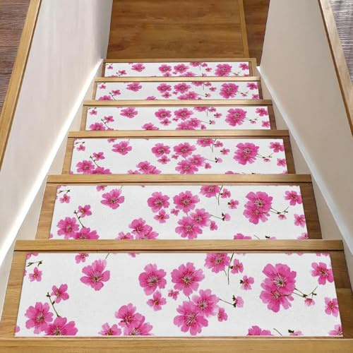 Luoweisi Tappetini per scale in legno con fiori di ciliegio, confezione da 15, 76,2 x 20,3 cm, antiscivolo, per interni, per cani, bambini e anziani, con adesivo riutilizzabile