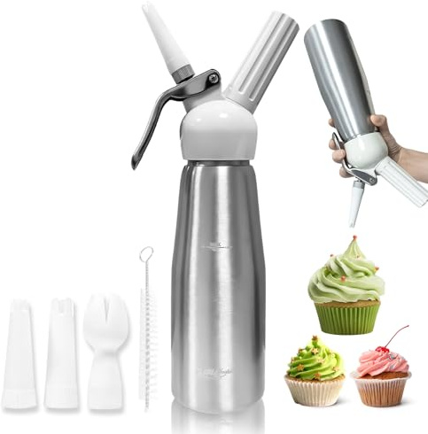 SingingWang Sifone da Cucina, 500 mL, Acciaio Inossidabile per Uso Alimentare, per Panna Montata, Mousse, Dessert, con 3 Ugelli + 1 Spazzola per Pulizia