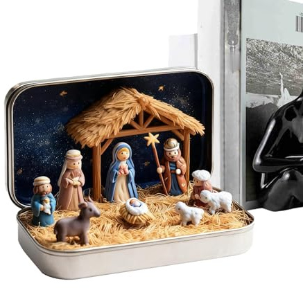 Mini Krippen-Set Handgefertigt 3D | Kunstharz Jesus Figuren In Blechdose – Weihnachtsdekoration Geburt Jesu Für Wohnzimmer Schlafzimmer Kamin Sims Büro Klassenzimmer Kirchengruppen Familientreffen