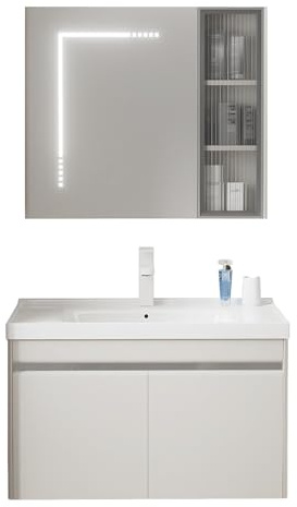 GdloWOoc Lavabo Angolare da Parete, Mobile Bagno Sottolavabo con Contenitore, Rubinetto, Specchio Ante, Mobiletto Bagno per Bagno Moderno(Right-Side Hole,L 15.7)