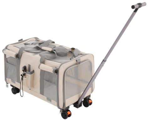 Katzentransportbox, Extra große Haustiertrage für 2 Katzen/Hunde mit Doppelabteil, Abnehmbaren Faltbare Katzenbox Transportbox Mit Fächern für Reisen/Wandern/Camping (Beige)