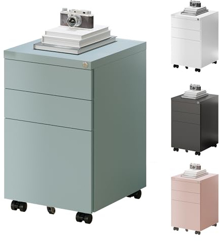 FlexiSpot Rollcontainer mit 3 Schubladen, mobiler Aktenschrank mit Rollen, Schubladenschrank Büroschrank Schreibtisch Unterschrank mit Schlüsselschloss und Anti Kipp für Büro Zuhause, Grau Blau