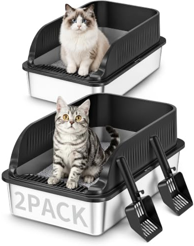 2 Pezzi Lettiera Gatto Acciaio Inox, Lettiera per Gatti con 2 Palette, Semi-Chiusa Toilette per Gatti Grande XXL, Sabbiera Alta Rimovibile, Antiodore, Facile da Pulire, Antiaderente, Nero