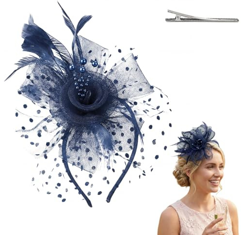 Blommor Fascinator Håraccessoar med Nät och Klämma, Elegant Huvudbonad för Bröllop och Tedrickning, Marinblå