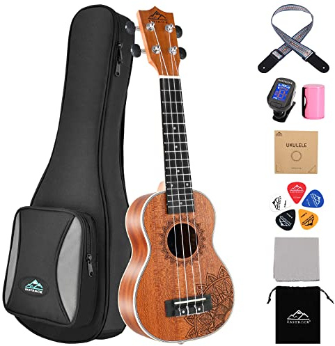 EASTROCK Ukelele soprano para principiantes Kit de ukelele de madera de sapeli de 21 pulgadas con bolsa Thicknen, afinador, correa, hilo de carbono, juego de paño de limpieza