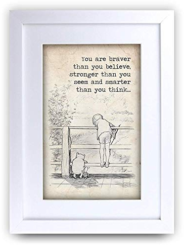 HWC Trading FR Winnie the Pooh Braver Stronger Smarter A4 Framed Printed Quote Nursery Print Baby Shower Room Gifts New Born Bedroom Gift Print Photo Picture Frame Display