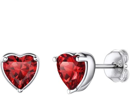 925 Sterling Silver Heart Stud Earrings, 6mm Cute Tiny Crystal Red Garnet Ear Studs January Birthstone Hypoallergenic Earrings for Women Sensitive Ears