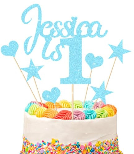 1st Birthday Cake Topper | Personalised 1 2 3 Cake Topper | Happy Birthday Decorations | Double Sided Glitter Card Any Name Age Customized - Multicolour Glitter Cake Decoration(Baby Blue)