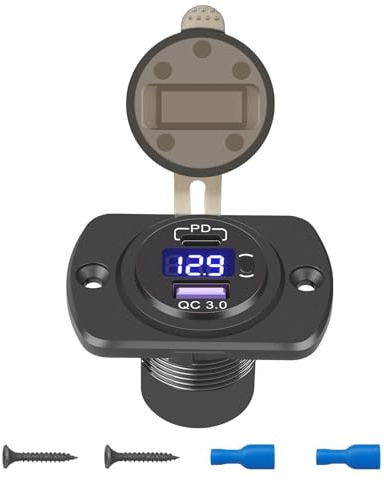 Linkstyle Car USB Socket, 30W PD3.0 USB-C & 18W QC3.0 Ports Car Charger Power Outlet Panel with LED Voltmeter & Switch for 12V/24V RV Boat