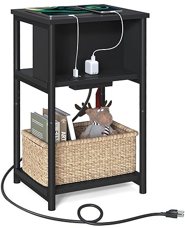 VASAGLE Side Table with Charging Station, 3-Tier End Table with USB Ports and Outlets, Nightstand for Living Room, Bedroom, 11.8 x 13.4 x 22.8 Inches, Plug-in Series, Black