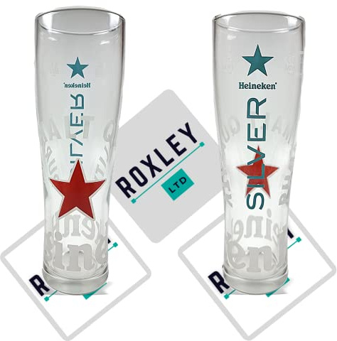 RoxleyLtd Roxley X2 Heineken Silver NUCLEATED Lager Pint Glass Beer Man Cave Lager 56cl