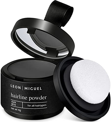 LEON MIGUEL Polvos para entradas capilares, maquillaje de reparación capilar, unisex, sombras, cubre y oculta retroceso de la línea del pelo y cabello debilitado, resistente al agua, 4 g, gris oscuro