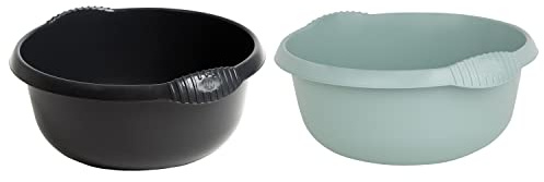 (Set of 2) Round 28 CM Multipurpose Plastic Washing Up Bowl Mixing Bowl 5L Washing Basin Bowl Sink Tidy Organiser Wash Tub Space Saving For Home Kitchen Outdoor Camping (Black + Silver Sage)