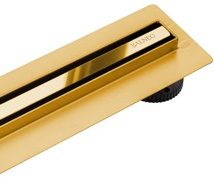 Balneo Caniveau de Douche, Caniveau D'évacuation 70cm, Siphon de Sol Miroir Doré en Acier Inoxydable, Panneau Étroit 14mm, Ensemble Complet, Bas 57mm, Caniveau de Douche Slim & Low Proline