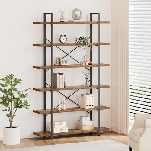 HSH 6 Tier BookShelf Farmhouse Storage Bookcases Modern Shelf Rustic Brown | Metal and Wood Bookcase Etagere, Farmhouse Open Wide Display Storage Bookshelves Heavy Duty for Bedroom Living Room Office