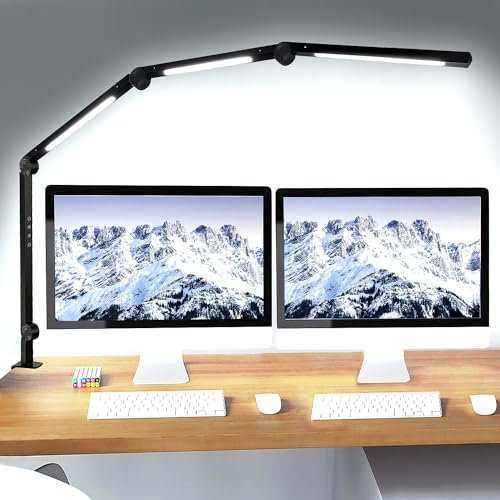 vimeepro Led Schreibtischlampe klemmbar,Tischlampe 4 Sektionen Schwingarm Tageslichtlampe Schreibtisch,Touch Control Helligkeitsstufen 5 Helligkeit 4 Farbmodi, Speicherfunktion desk Lamp