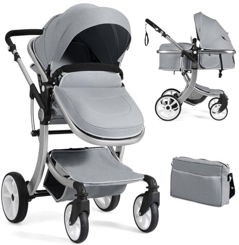 COSTWAY Baby Pushchair, Foldable Infant Stroller with Rain Cover, Mosquito Net, Carry Bag, Adjustable Backrest/Handle/Canopy, Convertible Buggy Pram for 0-3 Years (Gray)