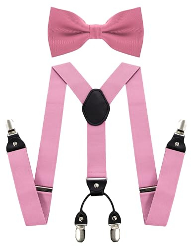 JEMYGINS Ensemble de bretelles avec nœud papillon et bande élastique pour homme à quatre attaches, Rose, M