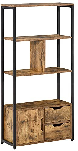 HOMCOM Mobile Libreria Stile Industriale, 58x24x122cm, Nero Legno | 3 Ripiani, Armadietto e 2 Cassetti, in Truciolato e Metallo
