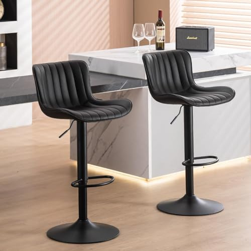 YOUNIKE Barhocker, Küchenstuhl, gepolstert, aus Kunstleder, mit Rückenlehne, höhenverstellbar und drehbar, hohe Stühle für Bar, Theke, Kücheninsel, 2 Stück, schwarz