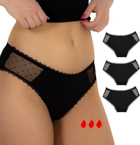Relixa Periodenunterschwäsche mit Spitze perioden Unterhosen Damen und Mädchen Perioden Slip Damen Menstruationsunterwäsche Period Underwear, 3 schwarz, Spitze, XS