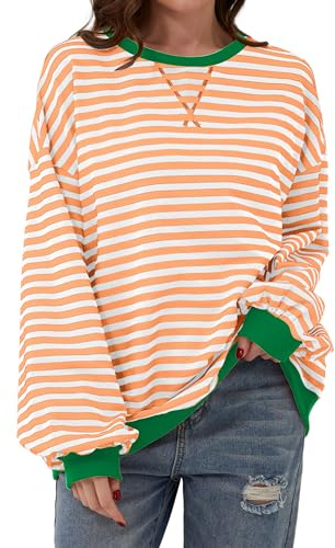 TERIVEEK Överdimensionerad randig tröja för kvinnor med stjärnmönster, långärmad, rund hals, sweatshirt, avslappnad, löst sittande pullover, Y2K-topp, Orange, M