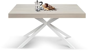Mar.ca. Design - Ausziehbarer moderner Esstisch für bis zu 10 Plätze mit rechteckiger Platte aus Melaminholz und gekreuzten Beinen aus Eisen, hergestellt in Italien (Ulme und Weiß, 160 x 90 x 74)