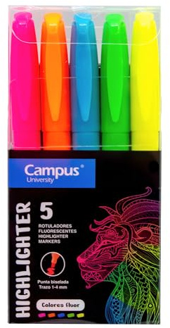 Campus Lot de 5 surligneurs fluorescents avec pointe biseautée, lot de 5 stylos surligneurs à base d'eau (Pack de 5 Néon)