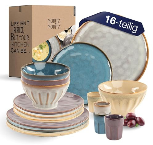 Moritz & Moritz COPA - Set di stoviglie da 16 pezzi, per 4 persone, elegante set di piatti in gres di alta qualità, 4 piatti, 4 piatti da dessert, 4 ciotole per cereali, 4 tazze da caffè