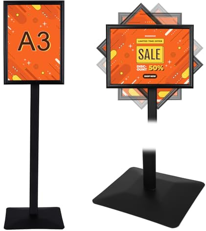 RayLove Supporto informativo DIN A3 per manifesti da 297 x 420 mm. Supporto in acciaio, colore nero (1,25 m), formato verticale/orizzontale, cornice da disegno per matrimoni e eventi aziendali