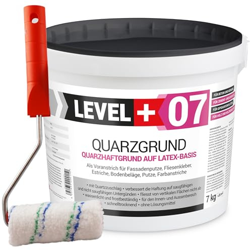 LEVEL PLUS 07 Quarzgrund mit Quarzsand unter Putze - Haftgrundierung | für Innen & Außen - Weißer Putzgrund, Schnell Trocknend, Wasserabweisend & Lösemittelfrei - 7 kg mit Farbroller 10cm