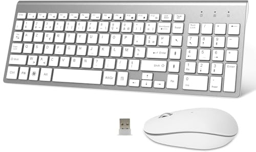 Clavier Souris sans Fil - AZERTY 2.4G Silent Compact Clavier de Souris Pleine Taille Ergonomique pour PC/Ordinateur/Laptop/TV/Windows - Blanc argenté