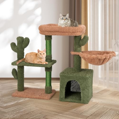 GYMAX Albero per Gatti Moderno, Torre per Gatti a Forma di Cactus Verde con Posti di Osservazione, Posti per Graffiare in Sisal, Cuscini Lavabili, Albero Attività a Più Livelli (Stile 1)