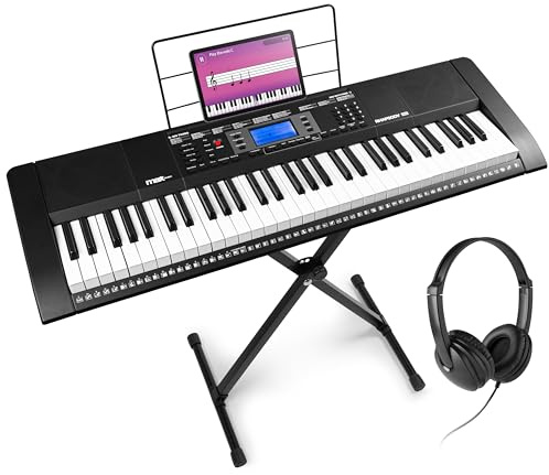 MAX Rhapsody61M Piano digital Midi, 61 teclas, teclado de piano eléctrico sensibles al tacto, 600 sonidos, USB, MP3, pantalla, modos de aprendizaje, entrada auxiliar, incluye auriculares y soporte