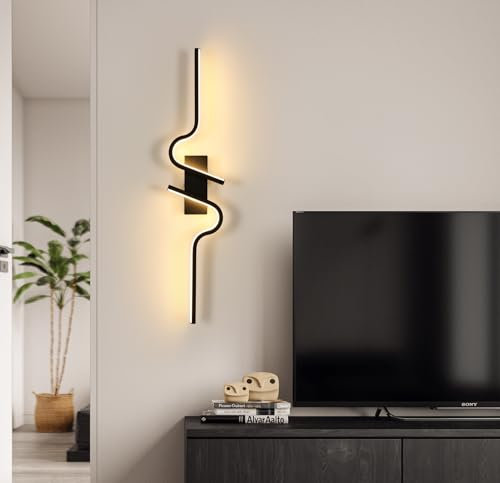 SENQIU Lampada da Parete LED, 16W Applique da Parete Interno Moderno Curva, Creativo Lungo Lampada a Muro Interni Nero per Camera da Letto Soggiorno Corridoio Scala, Bianco Caldo 3000K, 60CM