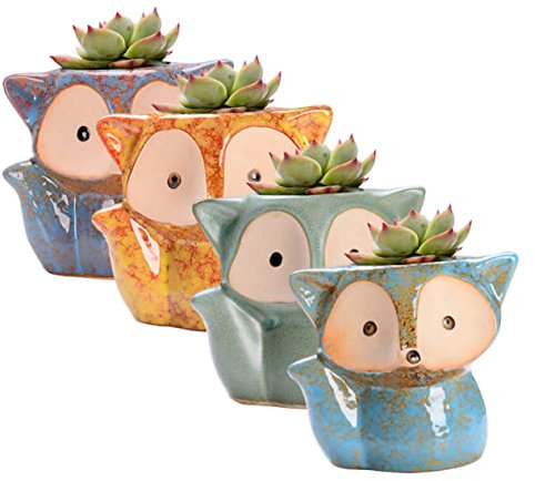 Happyyami Keramik Blumentopf Satz 4 Stücke für Sukkulenten Kleiner Blumenbehälter Kreativ und Langlebig mit Abflussloch für Schreibtisch und Badezimmer