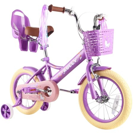 RULLY 12 Zoll Kinderfahrrad Mädchen 2–4 Jahre, Fahrrad mit Stützrädern, Vorderbremse, Korb & Streamern, Kinderfahrrad für Mädchen, Lila