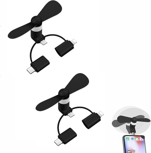 Mini-Handy-Ventilator,3-in-1 Handy-Ventilator,2Pcs Mini-Handys-Lüfter,Tragbarer USB-Lüfter,Kompatibel mit i-P-hone/Micro-USB/Typ C/Lightning-Port (Schwarz)