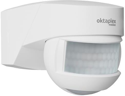 Oktaplex Lea Détecteur de Mouvement pour l'extérieur IP54 Capteur Infrarouge 180° 12 m Montage Mural, au Plafond, en Angle 230 V Apparent Blanc LED Compatible avec capteur crépusculaire