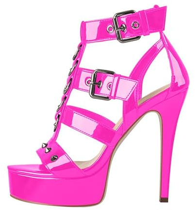 blingqueen Sandalo da donna con tacco alto, con borchie laccate, fucsia, 37 EU