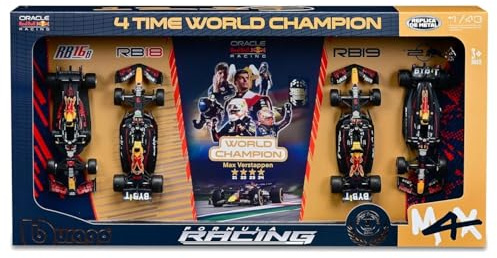 Bburago 1:43 Race Formula Oracle Red Bull 4-Time World Champion, Verstappen, 4-teiliges Set von Bburago