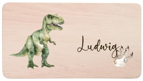 minimutz Brotzeitbrett Kinder mit buntem Aufdruck, Personalisiert mit Name, Frühstücksbrettchen Holz Dinosaurier, Holzbrett Buche 22 x 12 x 1 cm Dino Trex